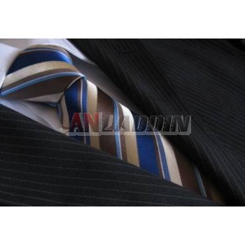 Beautiful blue silk stripe Beige Brown Mens Tie Blue Tie