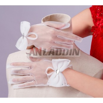 Bow short style mesh bride gloves