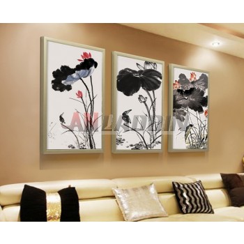 Chinese style lotus three-panels oil painting