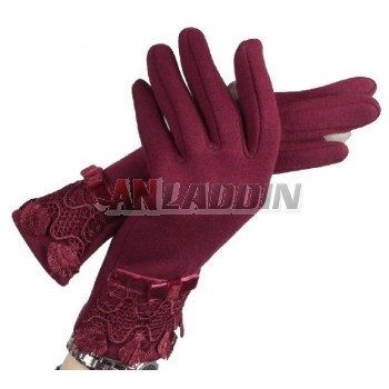Female cute winter fashion lace Bowknot velvet glove