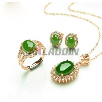 Luxury gold plated nature jade three-piece silver jewelry sets