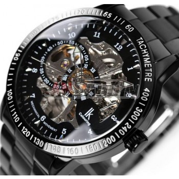 Men's sided hollow black automatic mechanical watch