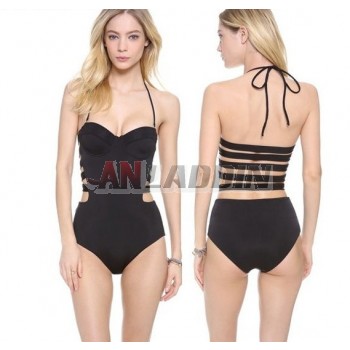 Sexy black hollow straps one-piece swimwear