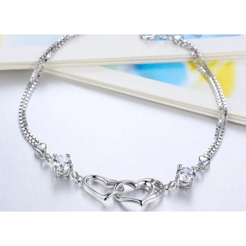925 Sterling Silver Crystal Double Heart Bracelet