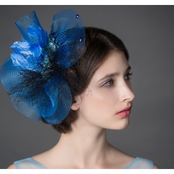 Blue feather bridal headwear