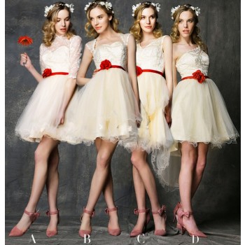 Champagne color red flowers bridesmaid dresses