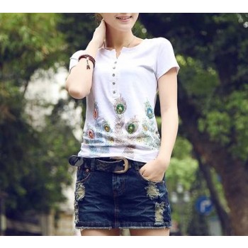 Ladies Summer peacock feathers short sleeve T-shirt