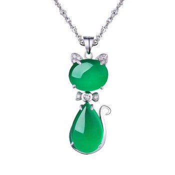 Sterling silver natural jade lady cat pendant