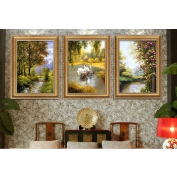 Swan Lake three-panel oil painting