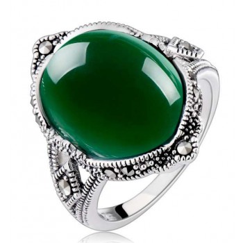 Titanium silver natural green agate vampire's ring