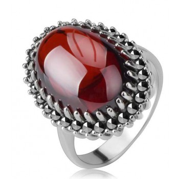 Titanium silver natural red agate classic vampire's ring
