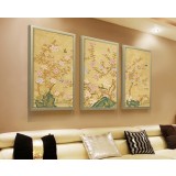 Birds + floral three-panels oil painting