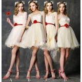 Champagne color red flowers bridesmaid dresses