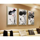 Chinese style lotus three-panels oil painting