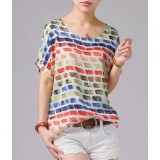 Color grid loose chiffon t-shirt