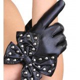 Female thin and lovely Big bowknot rivet fashion sheepskin gloves