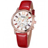 Ladies leather strap rhinestone calendar quartz watch