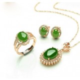 Luxury gold plated nature jade three-piece silver jewelry sets
