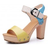 Woman mixed colors buckle thick high-heel sandals