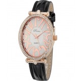 Women leather band rhinestone oval watch