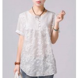 women's loose cotton and linen short-sleeved embroidery t-shirt